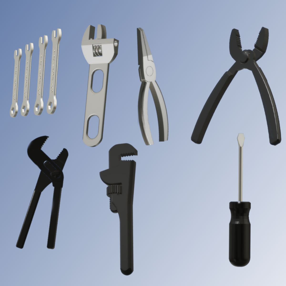 current products - 3d printed hardware tool set including Adjustable Wrench, Pliers, Pipe Wrench, Channel Locks, Standard and Metric Wrench sets